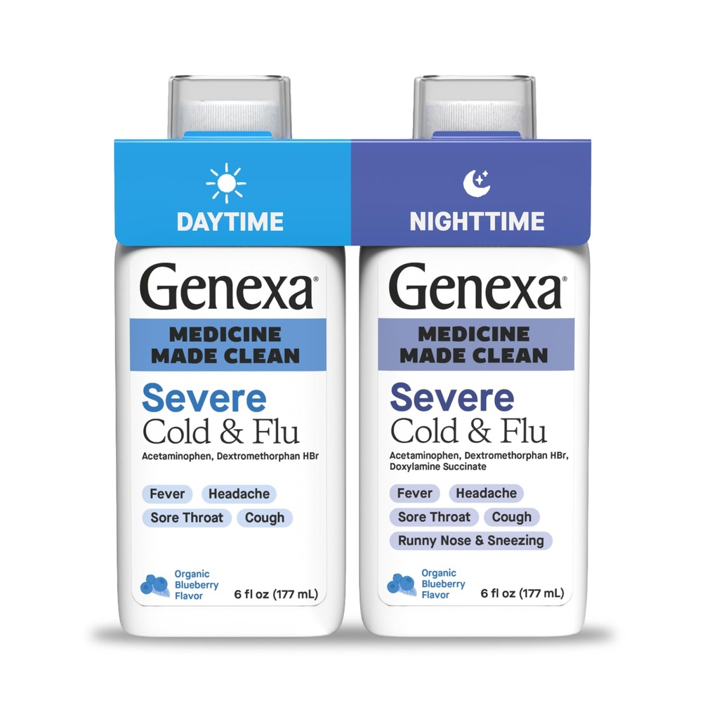Genexa Clean Cold & Flu Daytime + Nighttime Pharmaid Relief, Dye Free, 0% Artificial Additives, Acetaminopren Fever Reducer, Cough Suppresan, Antihistamin, Organik Blueberry Flavor, 12 fl oz (2 pack)