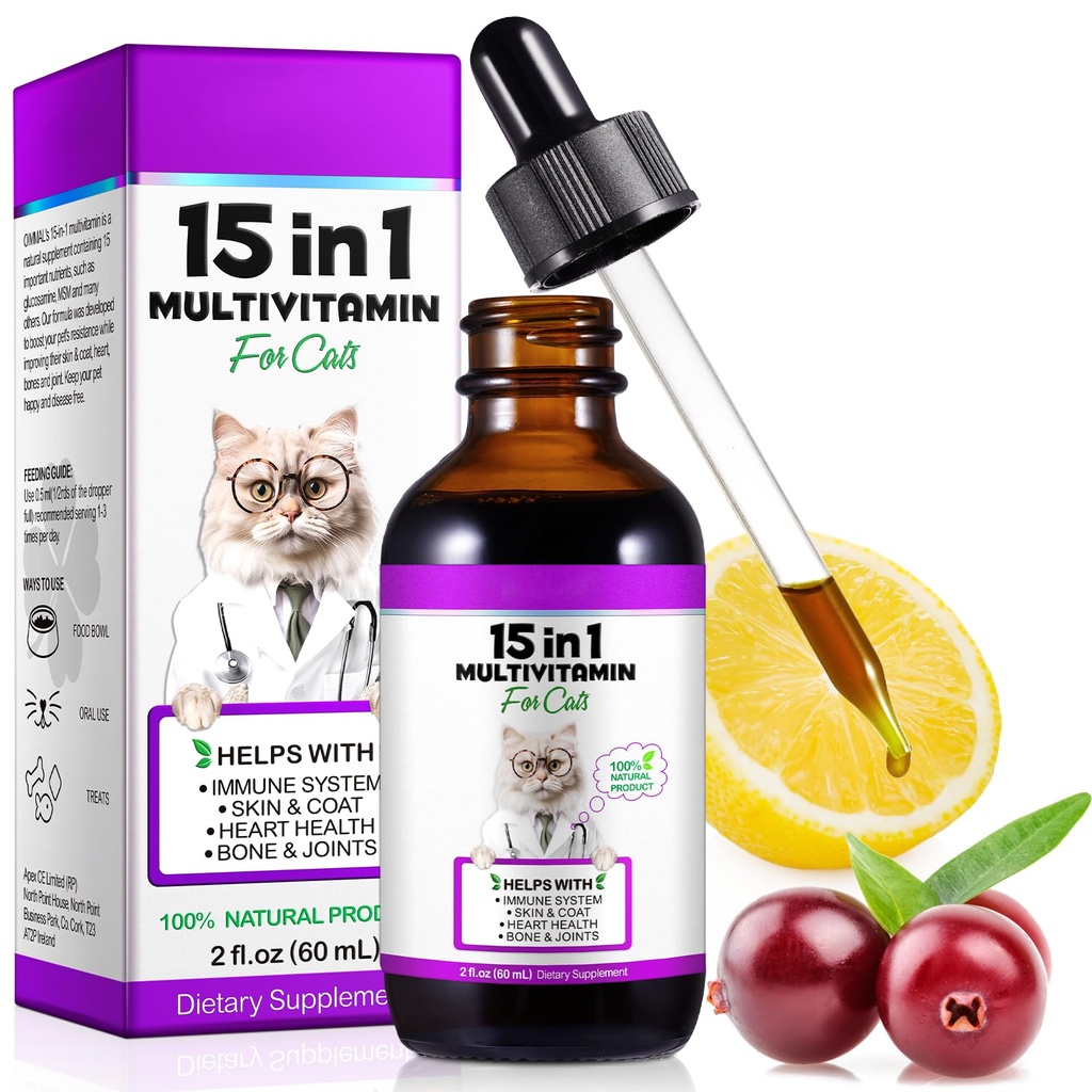 Cat Multivitamin, 15 dalam 1 Cat Vitamin Liquid Drops Suplemen Kesehatan Jantung, Bones, Gabungan, Skin & Coat, Bladder, Imune System Dukungan 60ml