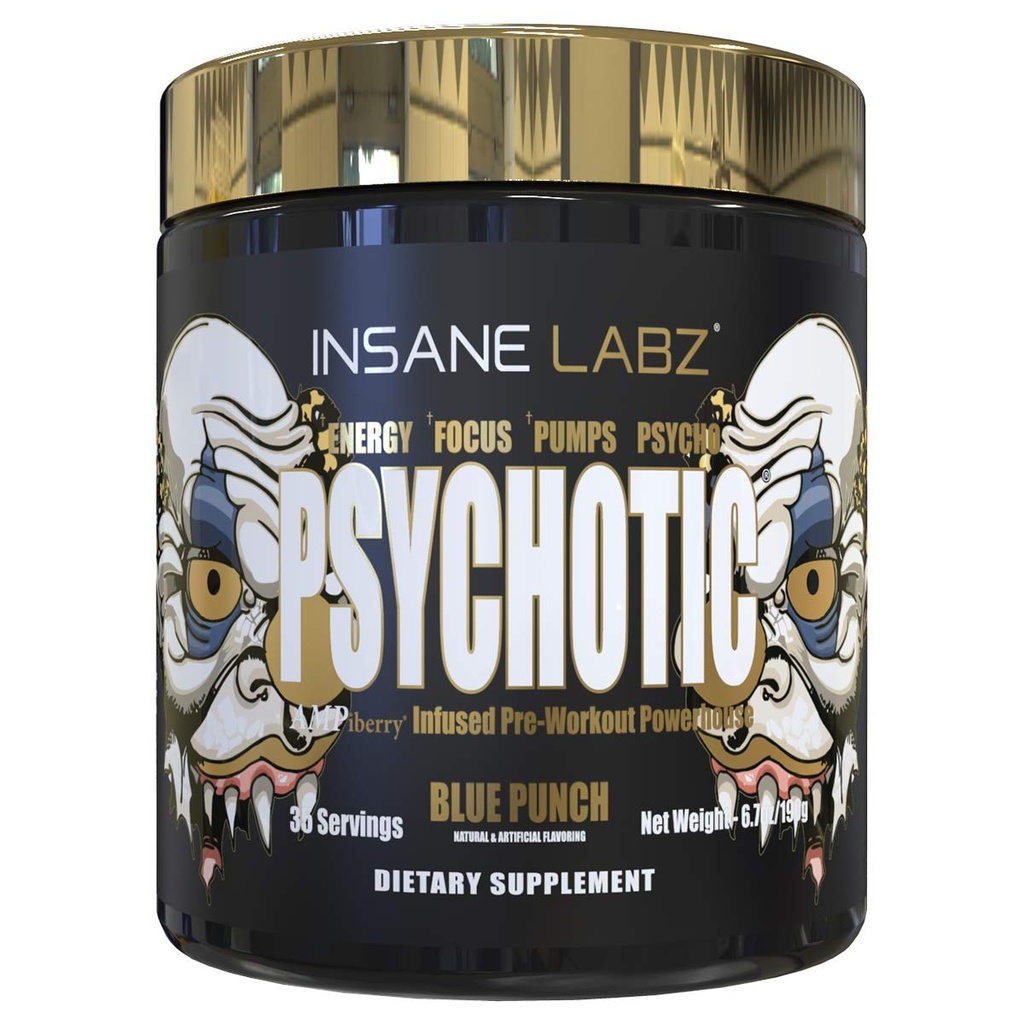 Emas Gila Labz Psychotic, Powder Pre Stimulant Tinggi, Fokus Energi Mentah Ekstrim, Pumps dan Endurance dengan Beta Alanine, DMAE Bitartrat, NO Booster (35 Hamba, Pukulan Biru)