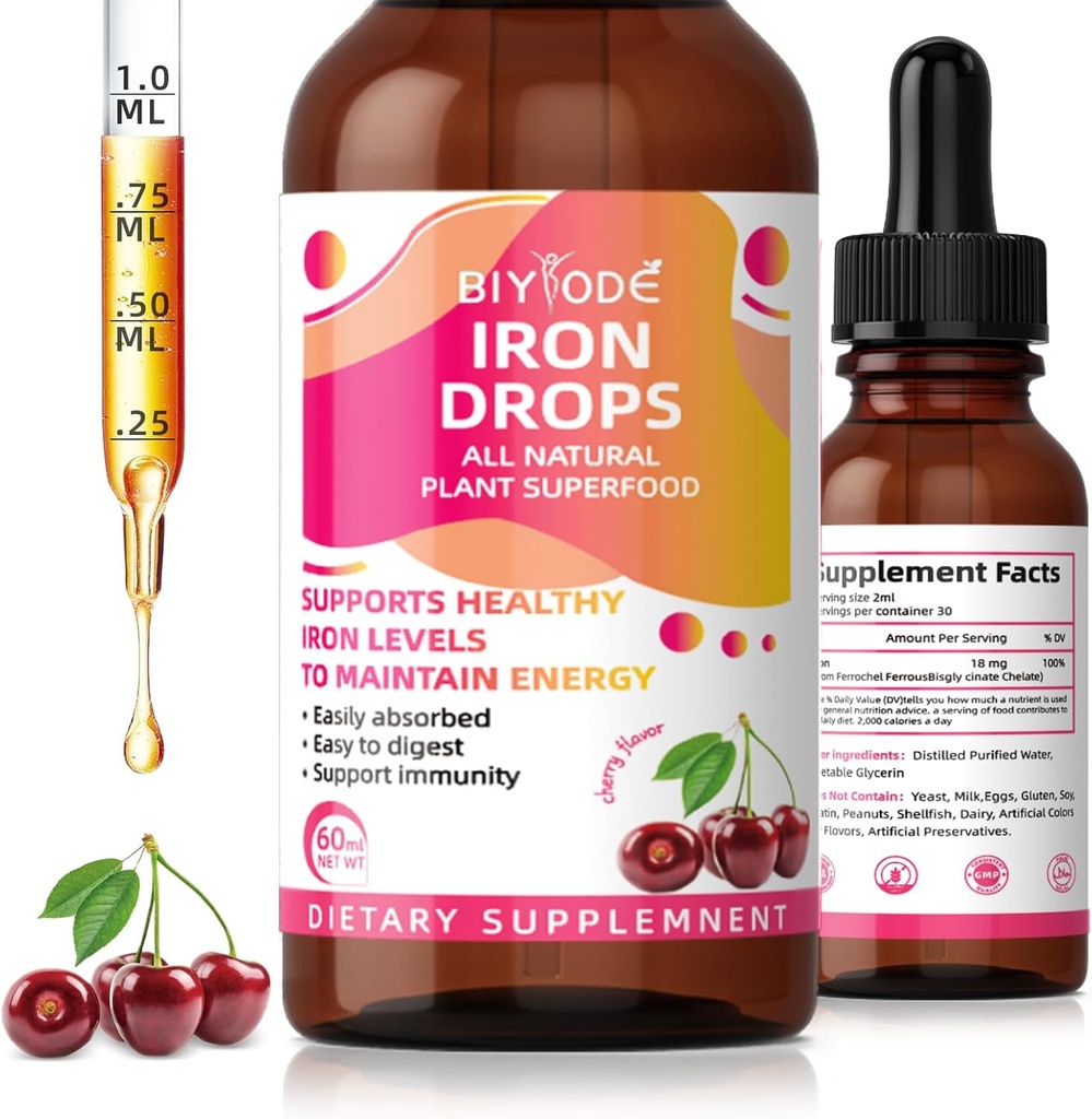 Tambahan Besi untuk Perempuan Drops: Tambahan Besi Liquid dengan Vitamin C B12 & Folic Acid Gentle Absorpsi Energy Dukungan Mendukung Formula Vegan Sugar- Free Drops