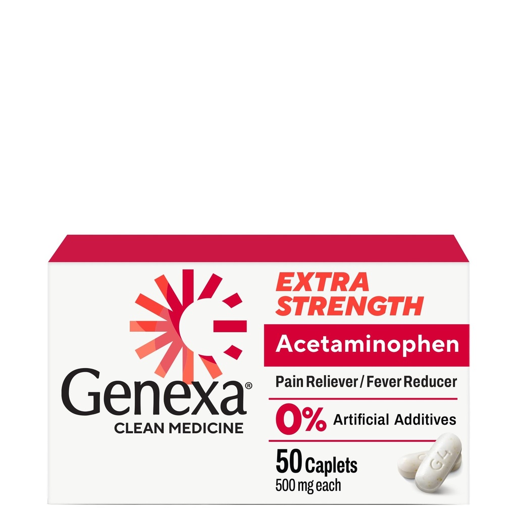 Genexa Clean Acetaminofhen Extra Energy, Dye Free Pain Retiever Fever Reducer, 0% Artificial Addictive, Obat nyeri untuk Dewasa, Relieves Headache, Batuche, Minor Arthritis Pain, 50 tablet