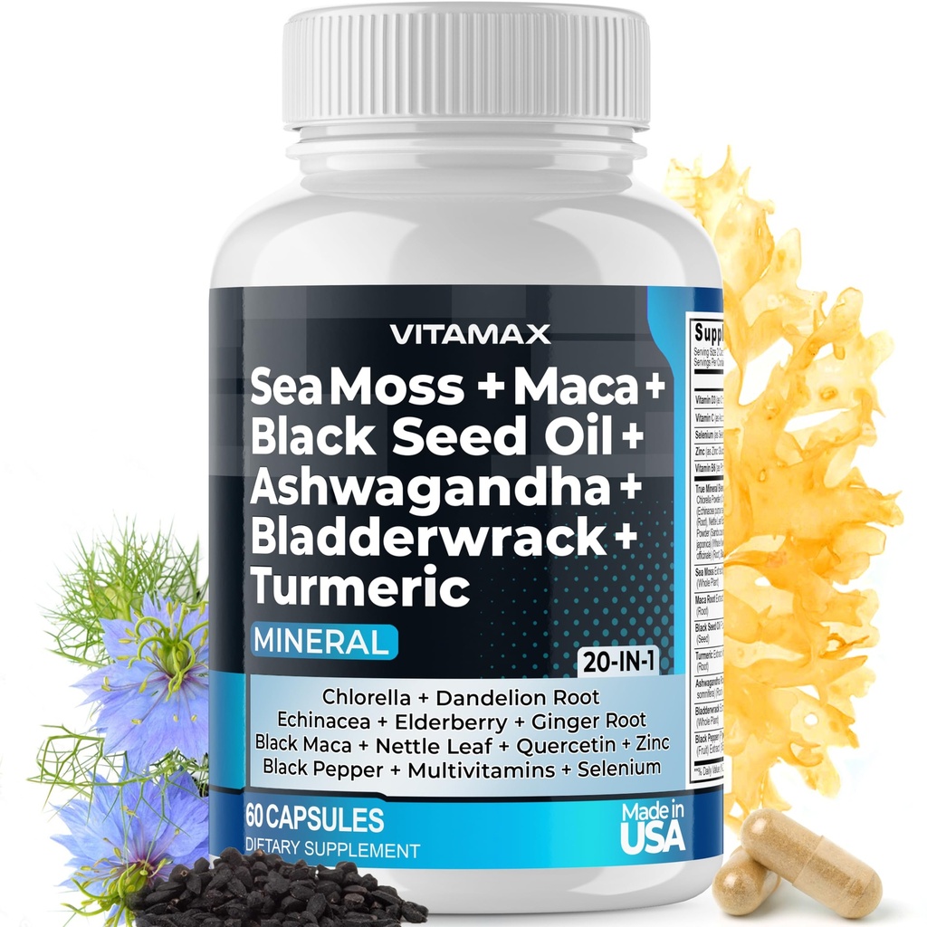 Laut Moss Maca Minyak Benih Hitam Ashwagandha Bladdercrack Turmeric - Manuka Honey, Elderberry, Vitamin C & D3, Dandelion & Black Pepper - Non-GMO - Vegan - Made in USA - 60ct