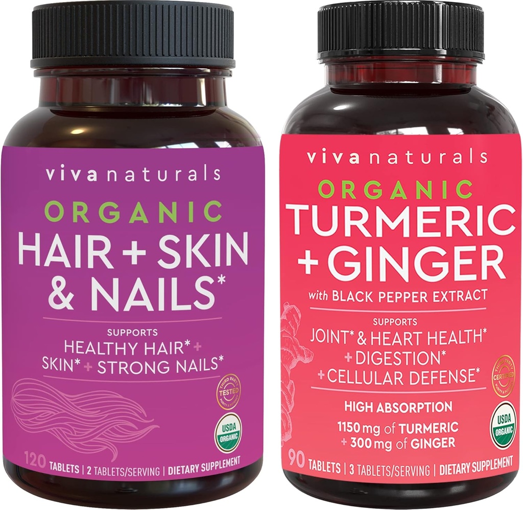 Rambut Organik Skin dan Nails Vitamin + Organik Turmeric dengan Black Pepper & Ginger Bundle, Dibuat dengan Biotin 5000mcg untuk Rambut sehat, Turmeric untuk Gabungan Alam