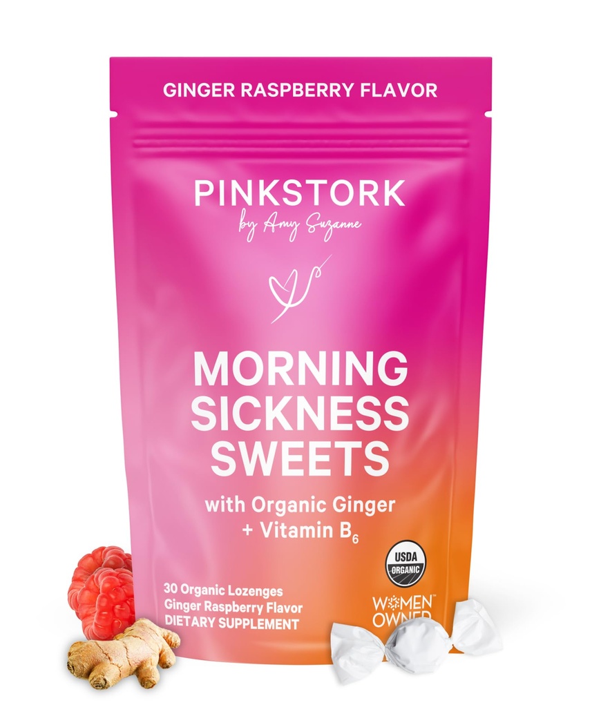 Pink Stork Morning Sickness Sweets, Organic Raspberry Ginger Candy dengan Vitamin B6, Dukungan untuk Motion Sickness, Prenatal Heartburn - Pregnancy Harus Haves - 30 Wrapped Drops