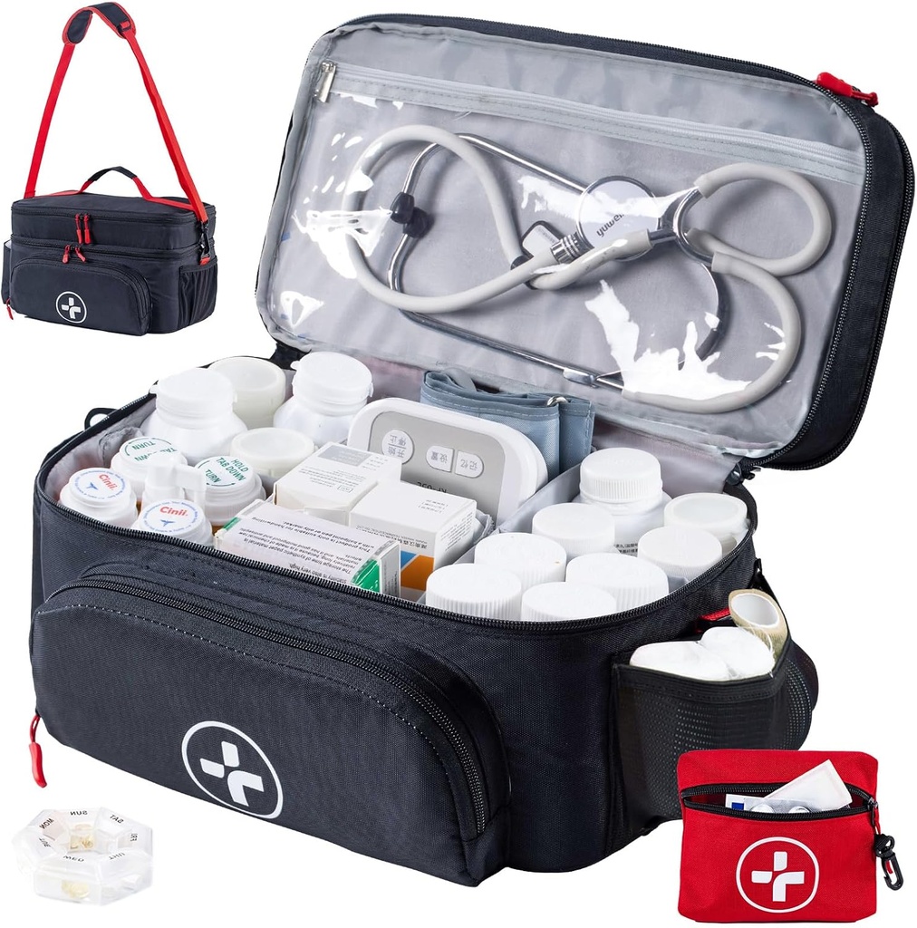 Travel Medicine BAGSFY Bag Organizer dengan Mini Medication Bag, Double Layers First Aid Kit Kosong, Penyimpanan Botol Pil yang Dikosongkan untuk Rumah, Penyimpanan Medis Besar, Kasus Perjalanan Darurat Membawa Darurat.