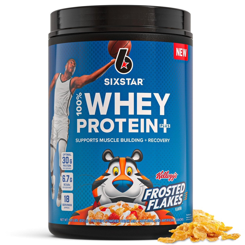 Enam Bintang Whey Protein Powder Plus - Bangunan Muscle & Recovery Formula dengan Whiy Isolate Powder, BCAAs, 30g Protein, Imune Dukung - Pasokan Kerja - Kellogg Flakes Flavor Frosted, 1.8 Lbs