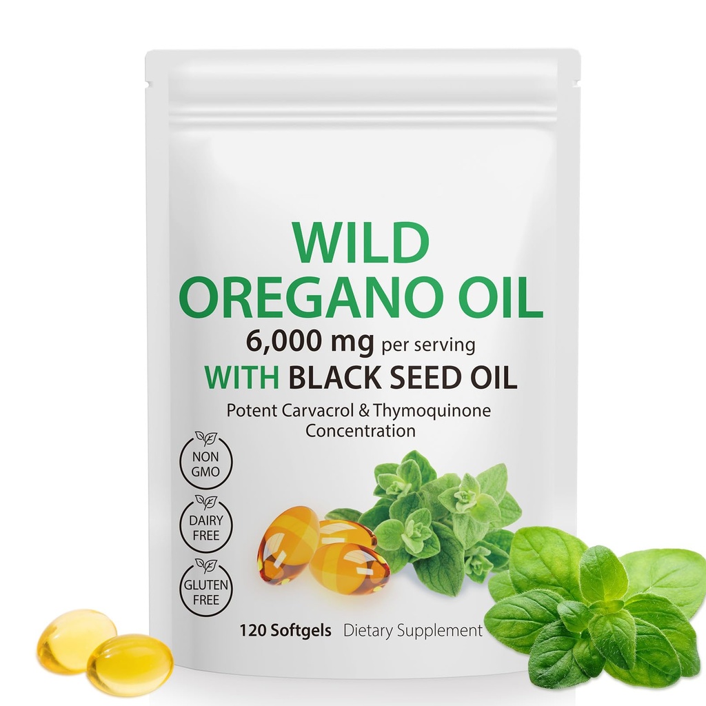 Minyak Oregano Softgeels - Wild Oregano Oil 60000mg dengan Black Seed Oil Capsules, 120 Count, Venable Carvacrol & Thymoquinone, Non-GMO, Dairy Free, Gluten Free
