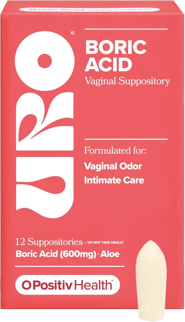 O Positiv URO Boric Acid Vaginal Supposisi - dengan Lactic Acid, dan Aloe untuk Fast Relief dan Vaginal Odor Control - Vegan, Bebas dari Parabens, Dyes, and Fragrances - 12 Count (Paket 1)