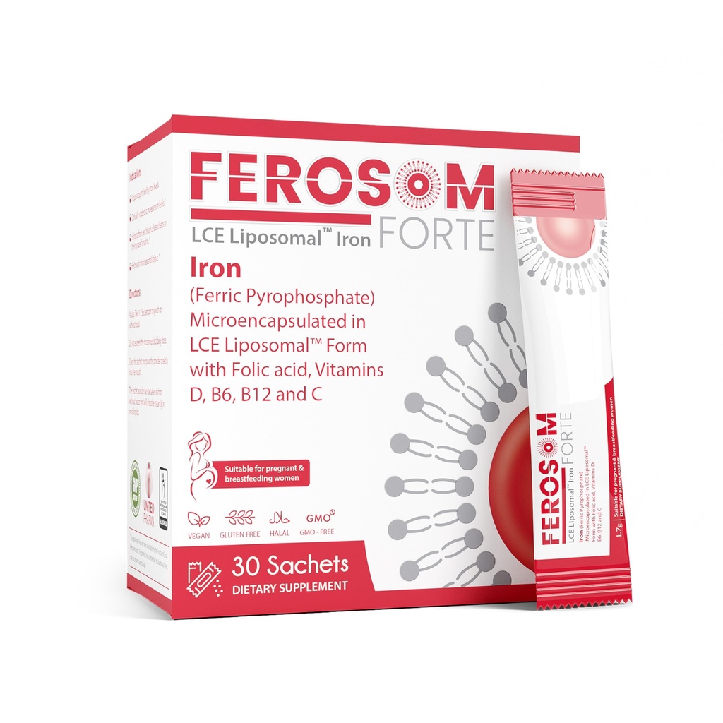 LCE Liposal Iron Powder - 21mg Besi Elemental dengan Vitamin B12, B6, C, D & Folic Acid - Gentle Berry- Flavared Suppplemen Minuman, 30 Sachets Vegan