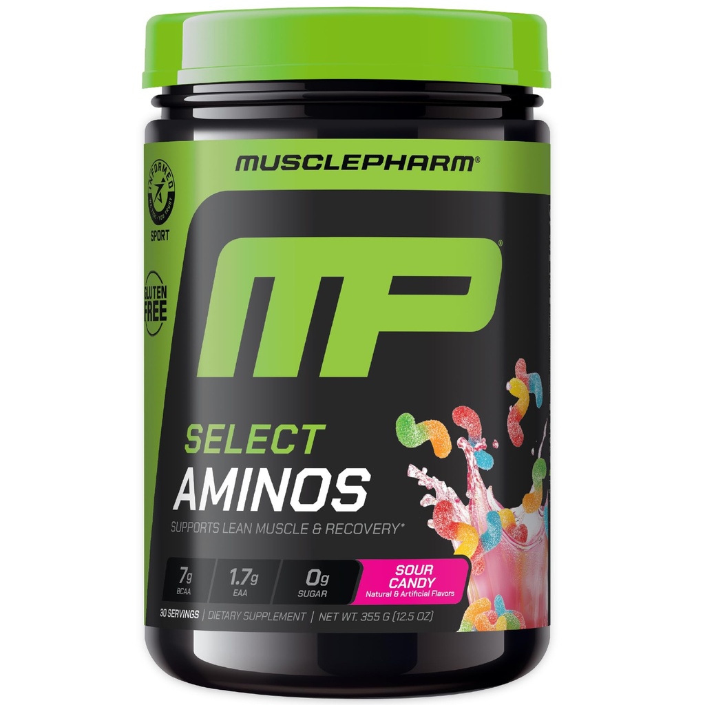 MusclePharm Select Amino 's EAA + BCAAs, Post Workout Amino Acids Powder, Pre Workout Energy Suplement for Men & Women with Branched Chain Amino Acids, 30 Servis (Sour Candy)