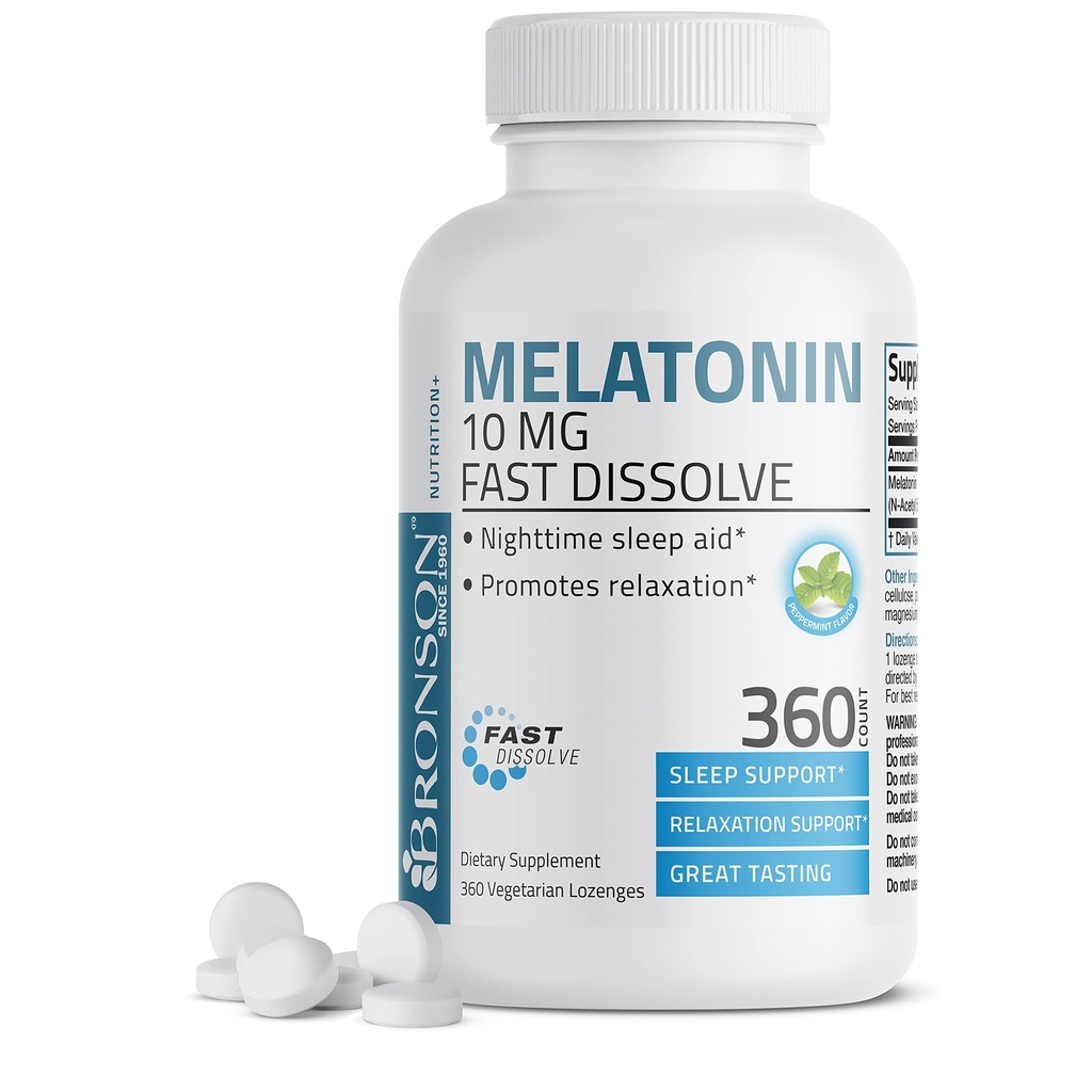 Bronson Melontonin 10 MG Fast Dissolve Peppermint Tablet, Promotes Relaxation, 360 Chewable Vegetarian Lozenges