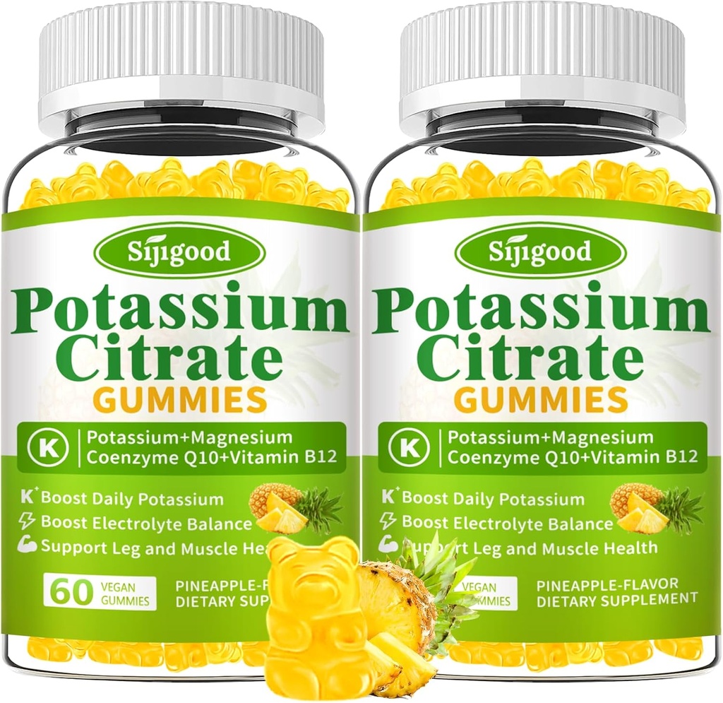2 Pack Potasium Citrate Gummies - Tambahan Potency Potasium Tinggi untuk Kesehatan Otot, Rangka Keramis Leg, Keseimbangan Elektrolit - Vegan, Non-GMO, Bebas, Serba Pineapple, 120 Count