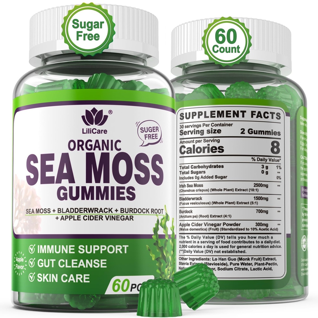 Sea Moss Gummies - Irish Sea Moss Gummies for Adulants & Kids - Advanced Superfood Seamoss Suplement with Organic Bladderwrack & Burdock Root Extract ACV for Daily Imune, Gut Cleanse, Vegan, 60 Counts