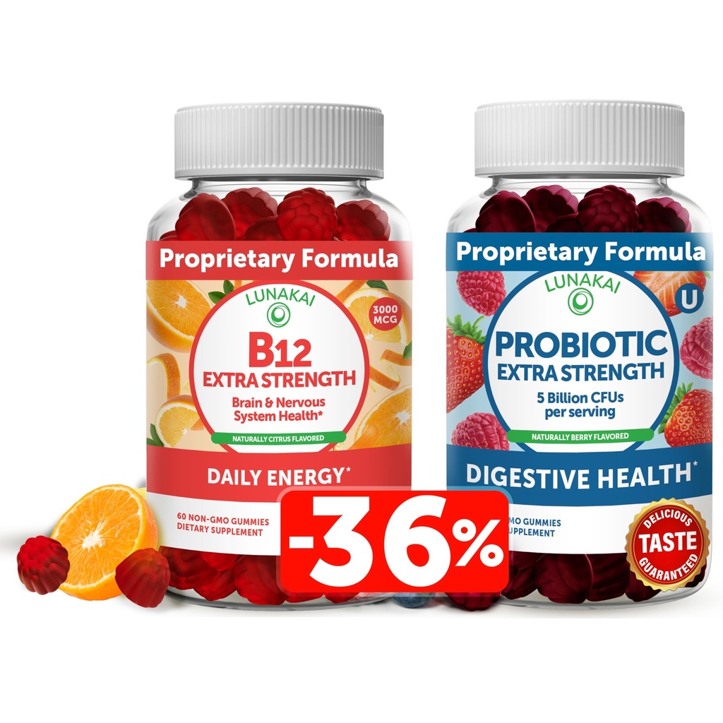 Lunakai Vitamin B12 dan Promotic Gummies Bundle - 3000 mcg Gummy untuk Dukungan Energi Dewasa dan Kesehatan Tulang - 5 Milyar CFUs Per Serving for Digetical Gut Health dengan Vitamin C for Women & Men