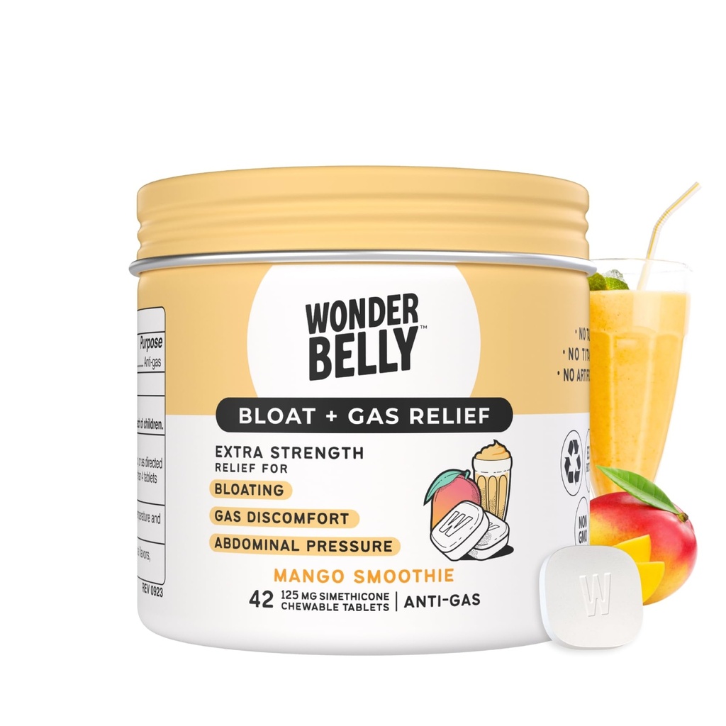 Wonderbelly Bloat + Gas Relief, Extra Power Chewable Tablet, dengan 125 mg Simethicon, No Talc or Dye, Mango Smoothie, 42 Count