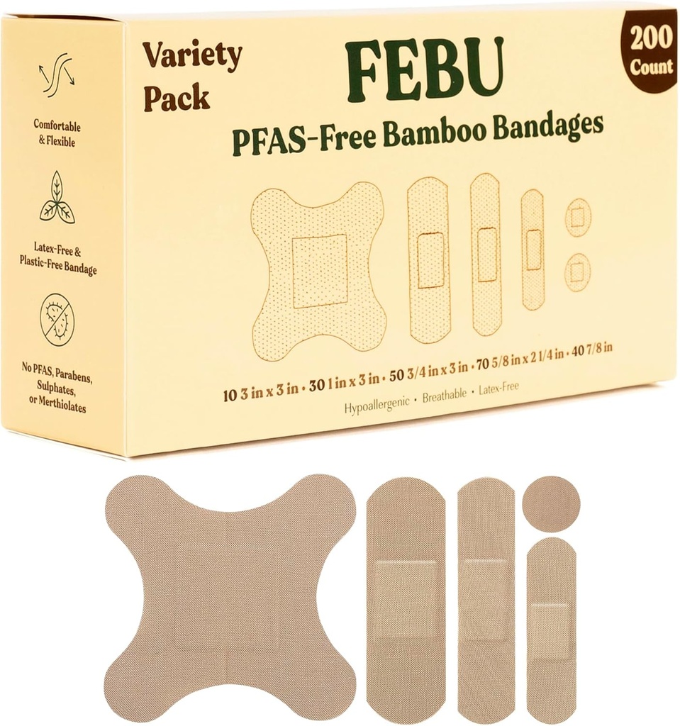 PFAS Free Bandages for Scrapes & Cuts & Cuts; Fleksible Fabric Bandage; Fully Compostable, Latex Free Bandage 124; 200 Count Bulk Variety