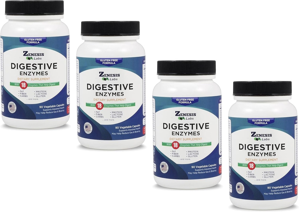 Zenesis Labs Digetical Enzymes - dengan Amylase, Bromelain, Protease, Lipase & 14 lainnya Enzymes Bulk 360 Capsule Suply (4 Bottle Set - 90 Capsules / Bottle)