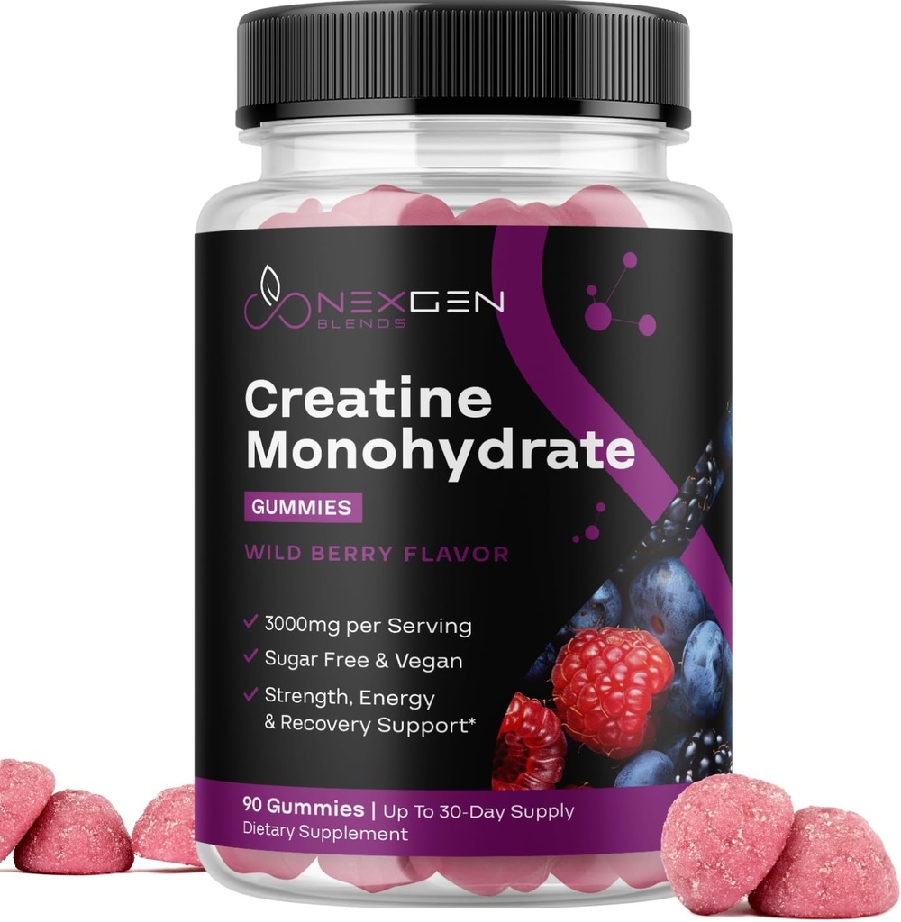 Sugar Free Creatine Monohydrate Gummies - Vegan Creatine Gummies for Women & Men with 3000mg per 3 Creatine Chews Support Energy & Recovery - Gluten Free & Non-GMO - Wild Berry Flavor 90ct