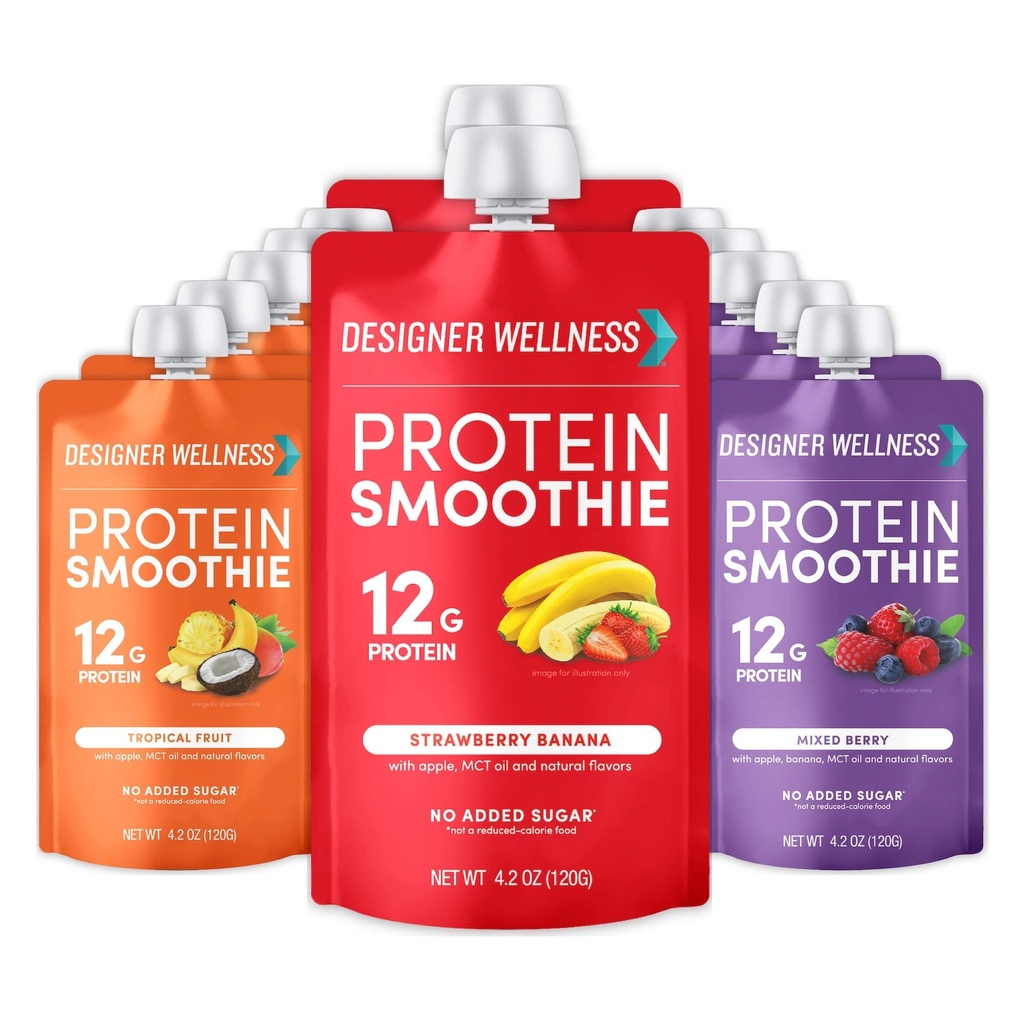 Designer Wellness Protein Smoothie, Real Fruit, 12g Protein, Low Carb, Zero Added Sugar, Gluten- Free, Non-GMO, Tidak Ada Warna Buatan atau Flavors, Variety Pack, 12 Count