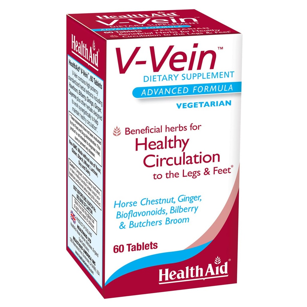 HealtAid V- Vein, Nutrifients Benefy for Healleal Circulation for Legs and feet, 60ct, Once Daily, mengandung Ginkgo, Grape Benih, Vitamin C dan Bilberry, Vegan