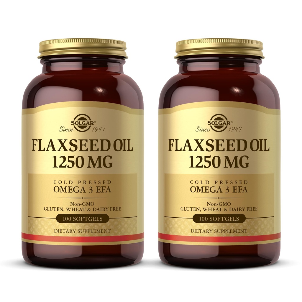 Solgar Flaxseed Oil 1250 mg - 100 Softgels, Pack of 2 - Comcentbardered Plant Sound of Omega-3 Alpha- Linolec Acid (ALA) - NON-GMO, Gluten Free - 100 Total Services