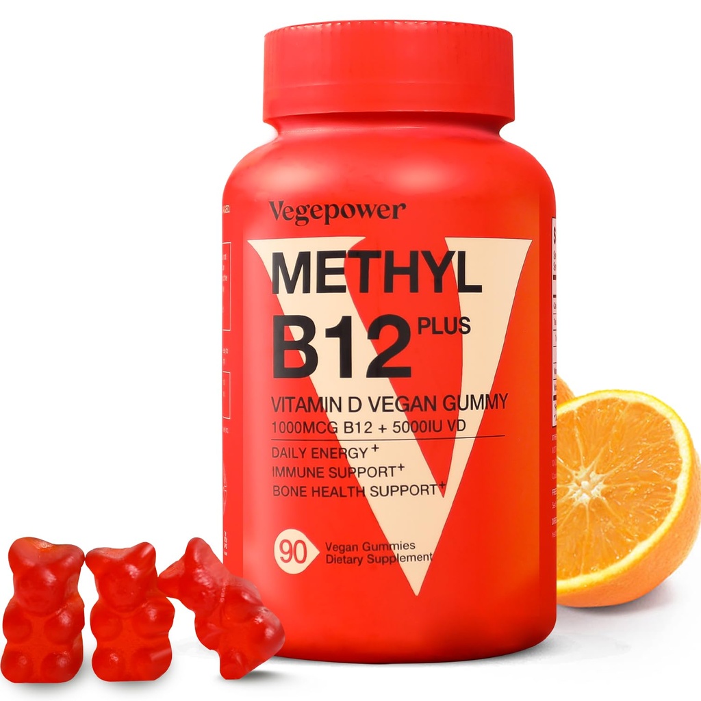 Vitamin B12 D3 Vegan Gummies - 90 Count I 1000 MCG Methyl B12 & 5000 IU Vitamin D Gummy Chewable Suplemen untuk Dewasa & Anak-Anak - Hammune Kesehatan & Daur Energy Boost - Non-GMO, Orange