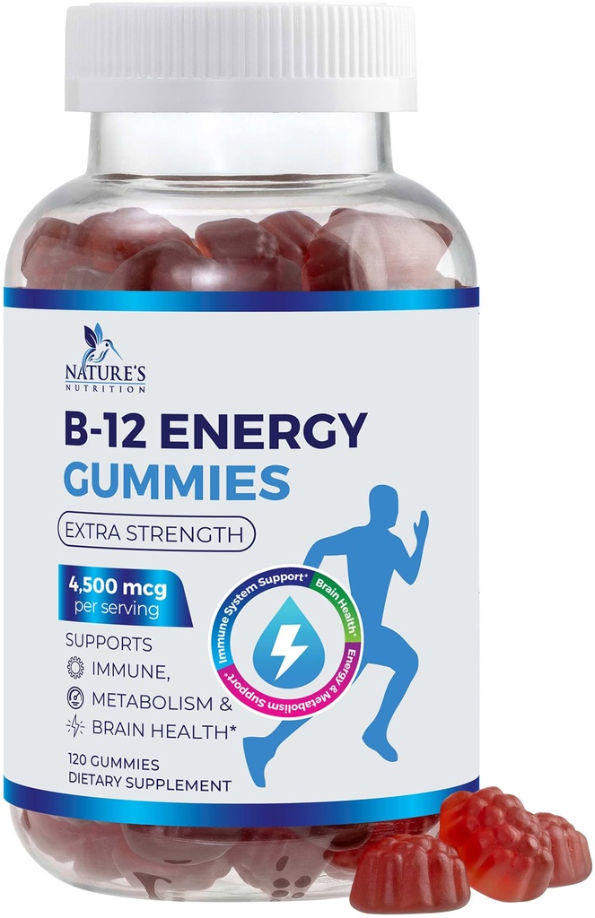 B-12 Vitamin Energy Gummies 4500mcg - Extra Kekuatan B12 Chewables for Energy Metabolism & Imune Dukungan - Tambahan Dietary untuk Perempuan, Pria, & Kids - Non-GMO, Vegan, Berry Flavor - 120 Count