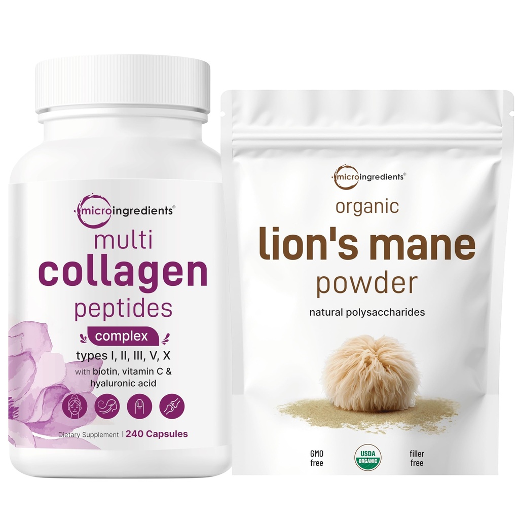 Mikro Ingrediens Multi Collagen Complex & Lions Mane Mushroom Powder Bundle 2 Pack 124; Grass-Fed Collagen Peptides; Natural Superfood for Brain, Energy, & Imune Health