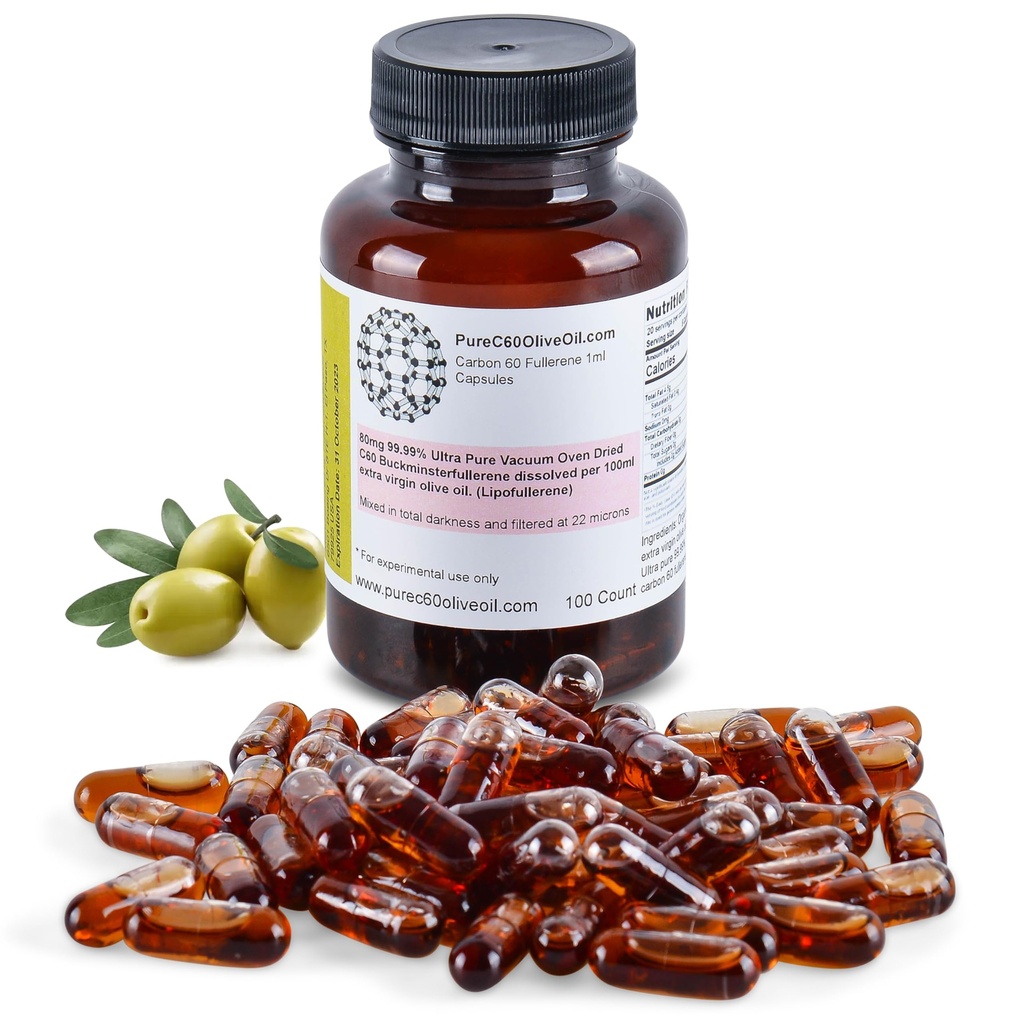 PureC60OliveOil C60 Orolic Olive Oil Capsules Pill 100ml / 3.4 Fl Oz - 99,99% Carbon 60 (80 mg) Free Food