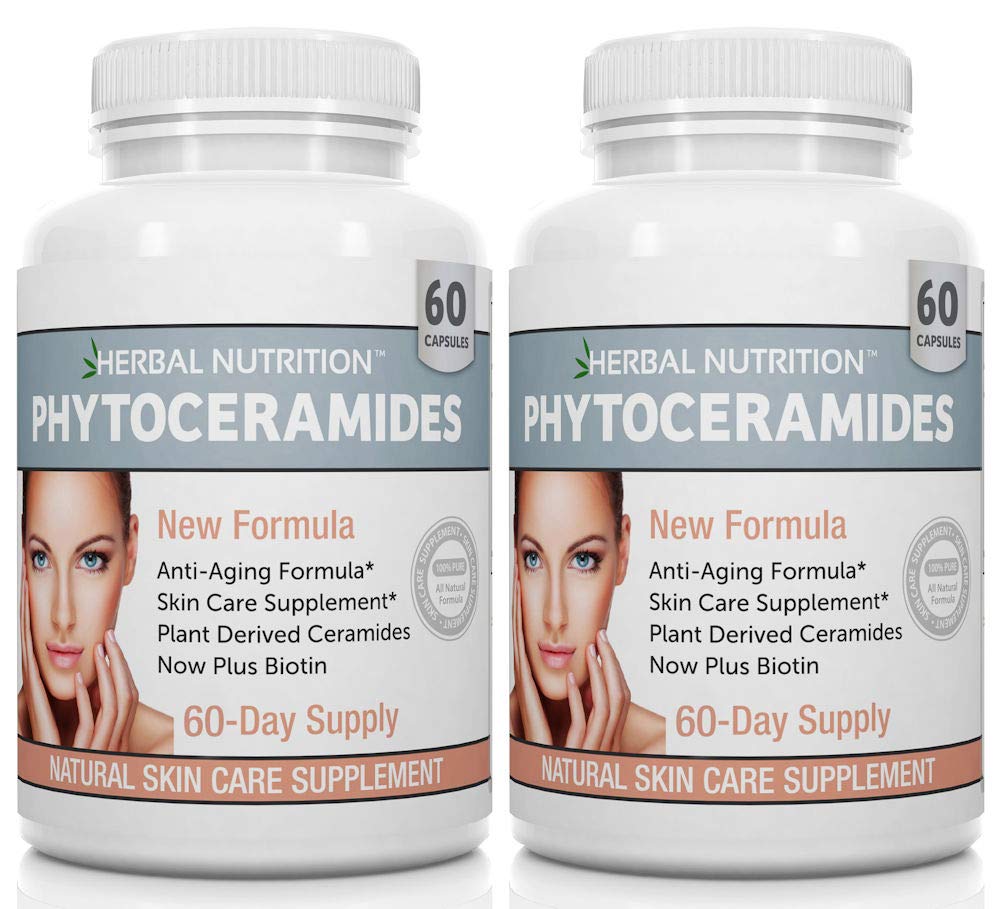 Phytoceramides Rice Based with Biotin Anti Aging Supplement, Wrinkle Remover and Faceal Moisturizing with Phytoceramides Vitamin A, C, D dan E, Two Bottle Pack, 120 Capsules 40mg, Gluten Free
