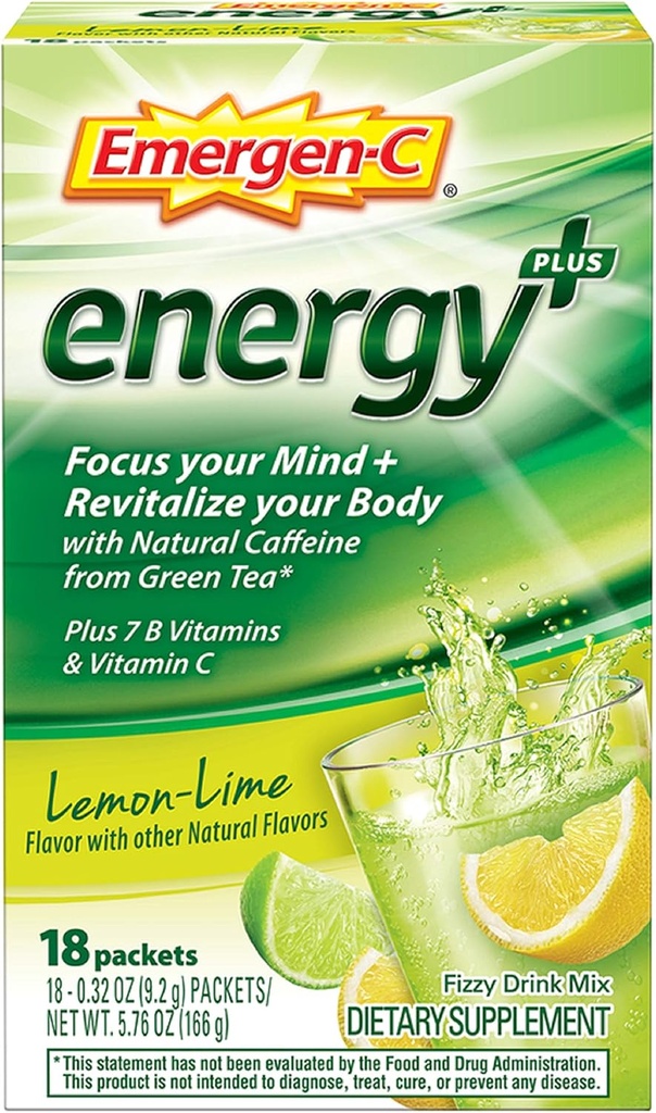 Emergen- C Energi +, Dengan B Vitamin, Vitamin C Dan Natural Caffeine Dari Green Tea (18 Count, Blueberry Acai Flavor) Persediaan Diet Minum Mix, 0.33 Pawder Paket