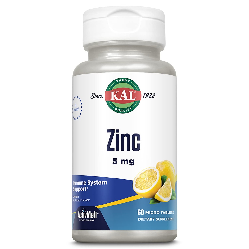 KAL Zinc 5mg Tablet - Suplemen Zinc untuk Perempuan dan Pria, Dukungan Imunitas, Kegagalan Optimal, Flavor Lemon Natural, Vegetarian - 60 Micro Tablet