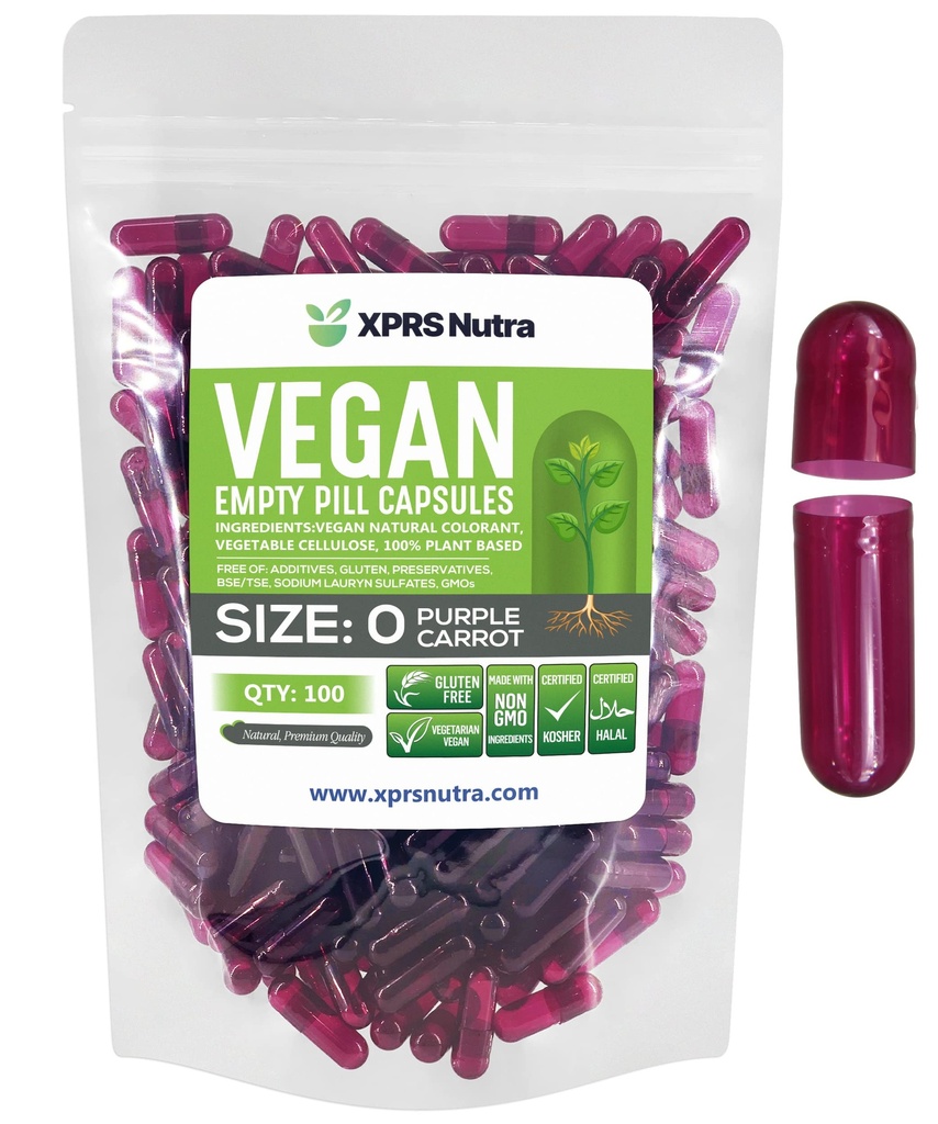 XPRS Nutra Ukuran 0 Kosong Capsules - 100 Cacah Katup Vegan Kosong - Pil Vegetarian - DIY Kasule Filling - Veggie Pill Caps untuk Do- It-Yourself (Purple Carrot)