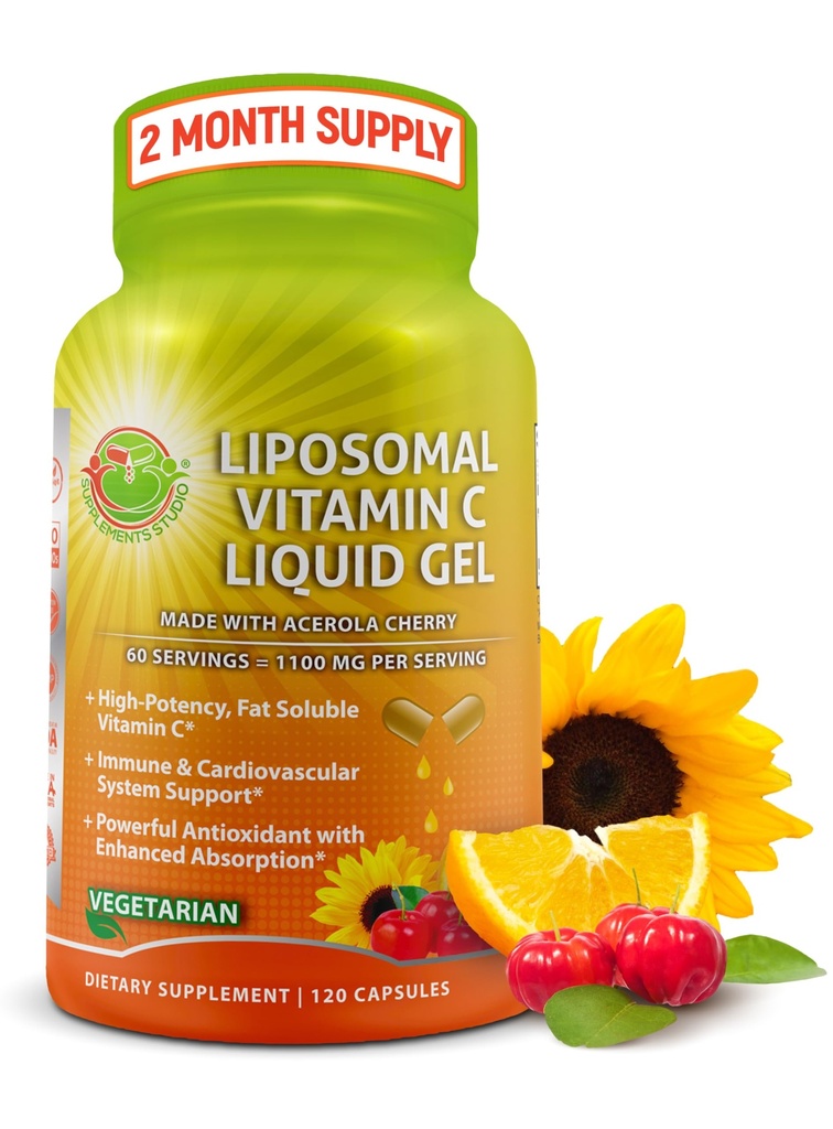 Lipomal Vitamin C Liquid Gel Capsules - 11100mg - Dibuat dengan Organik Acerola Cherries, Potency Tinggi Vitamin C Lipomal Immune Supplemen dengan Enhanced Absorpsi & Biovability - 120 jumlah