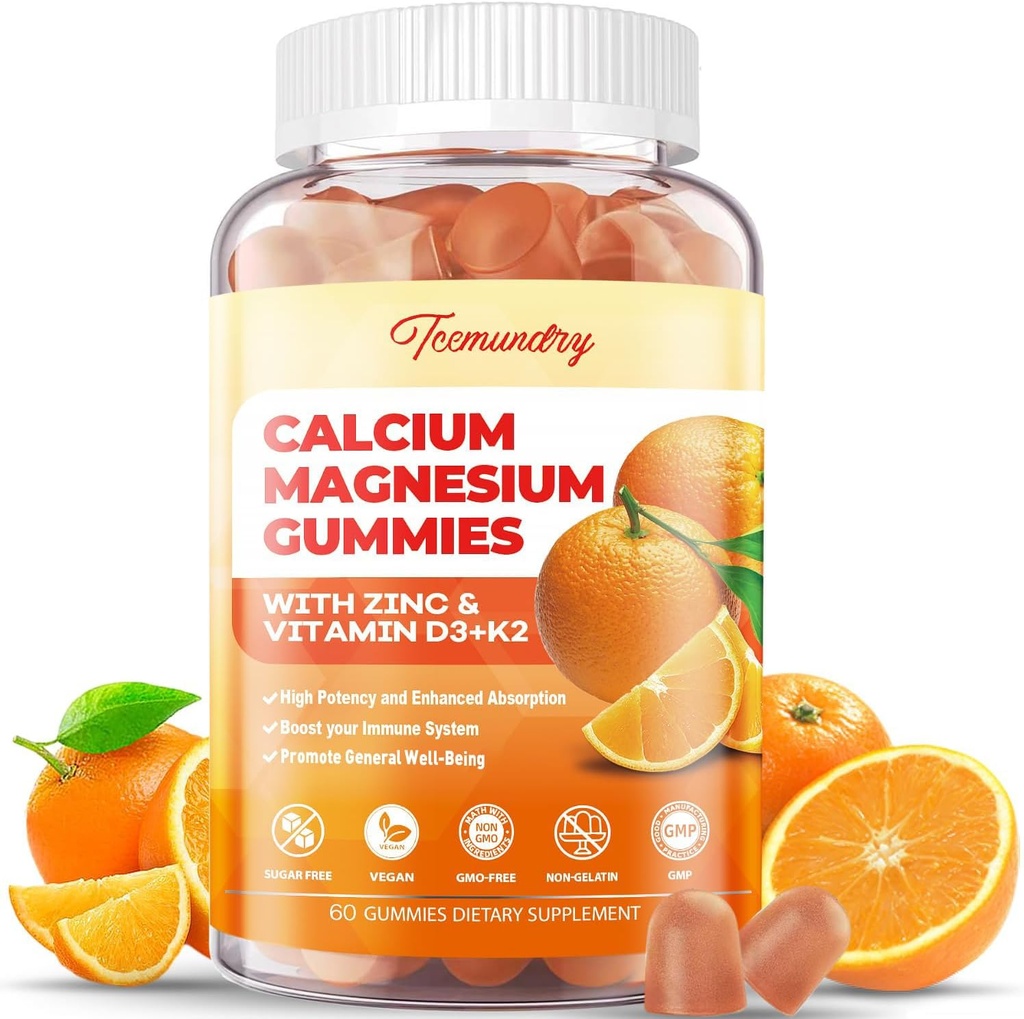 Calcium Magnesium Zinc Gummies dengan Vitamin D3 & K2 - Penyerangan Tinggi Magnesium Glycinate 400mg - Sugar Free Calcium Supplemen - Dukung Nerve Muscle Mood & Imunity - untuk Women Anak Pria Dewasa