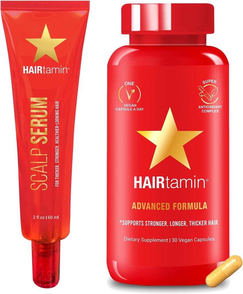 Hairtamin Advanced Hair & Scalip Serum Pack 124; All- Natural Vegan Biotin Capsules & Serum Sample for Hair, Skin & Nail Growth