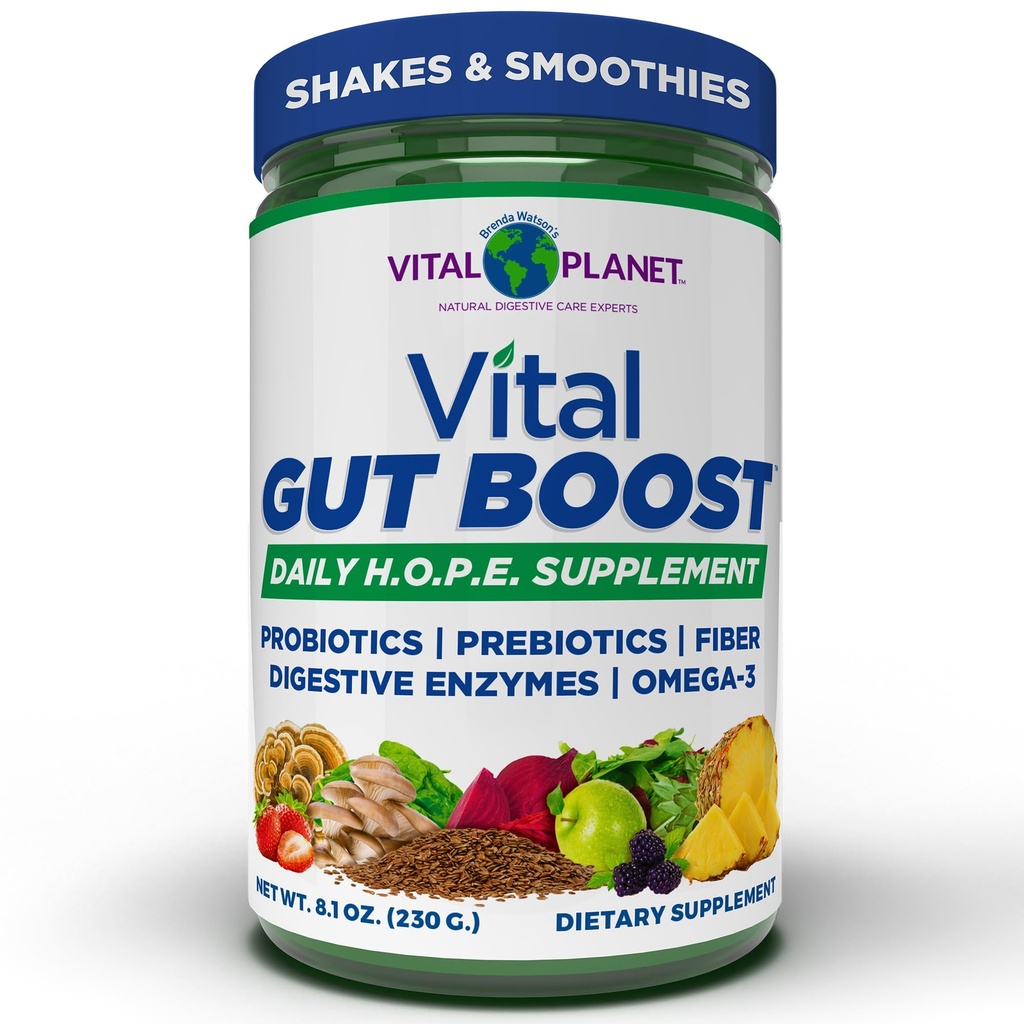 Planet Vital - Vital Gut Boost Powder oleh Brenda Watson, PBS Gut Periksa Suplemen Harapan dengan Fiber 35, Omega 3 Oil, Propines, dan Digetical Enzymes, 8.1oz, 230 Grams, 30 Servings