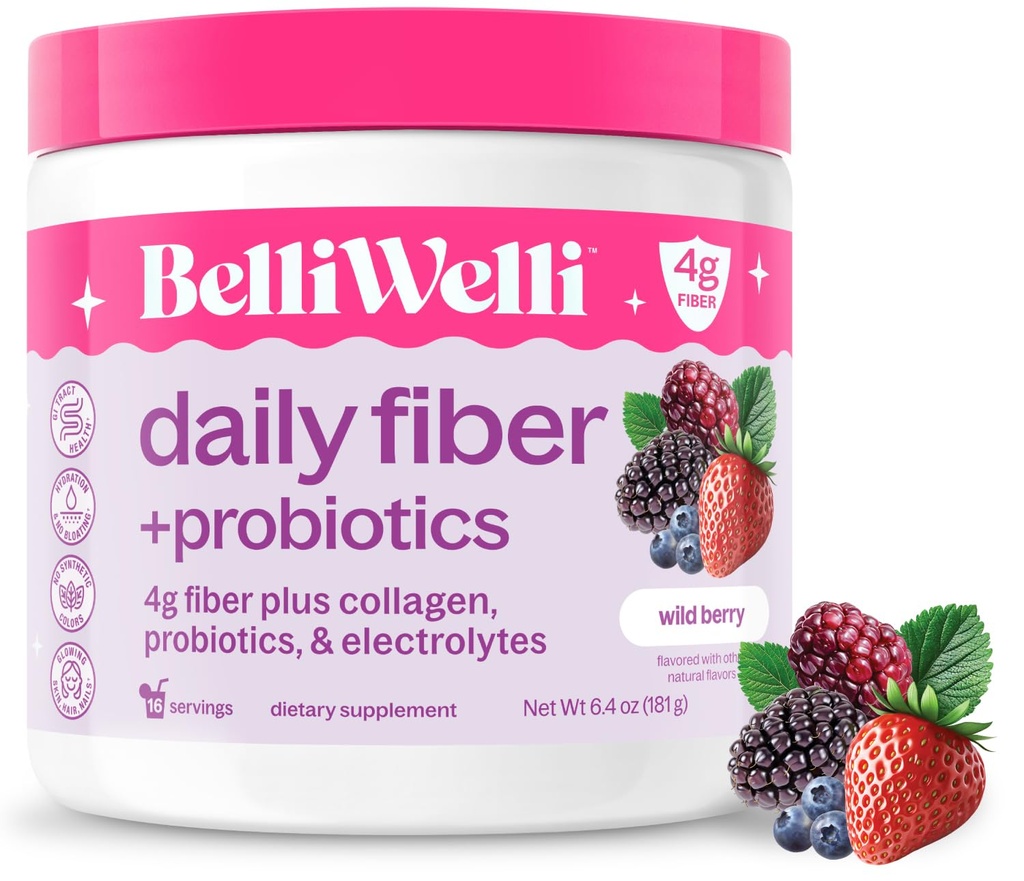 Belli Welli Fiber Supplement for Women & Men - Premium Daily Fiber Powder from Organic Acacia with Added Collagen, Electrolite & Program- No Bloat, Constipation & Gut Health Support (Wild Berry)