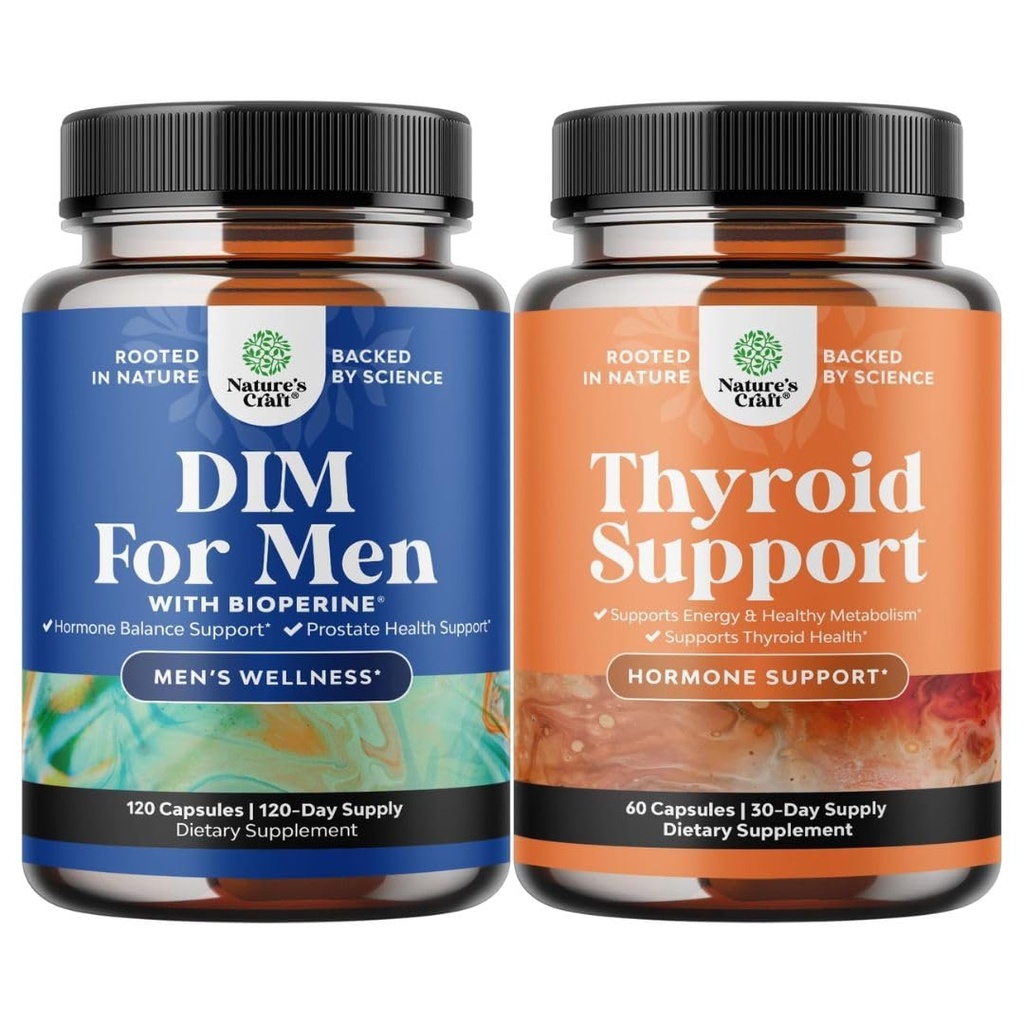 Bundle of DIM Supplement for Men with Panax Ginseng Bioperine Grapseed & Astragalus for Prostate Health and Herbal Thyroid Duplex with L Tyrosine, Bladderwrack, Selenium & Pure Ashwagandha