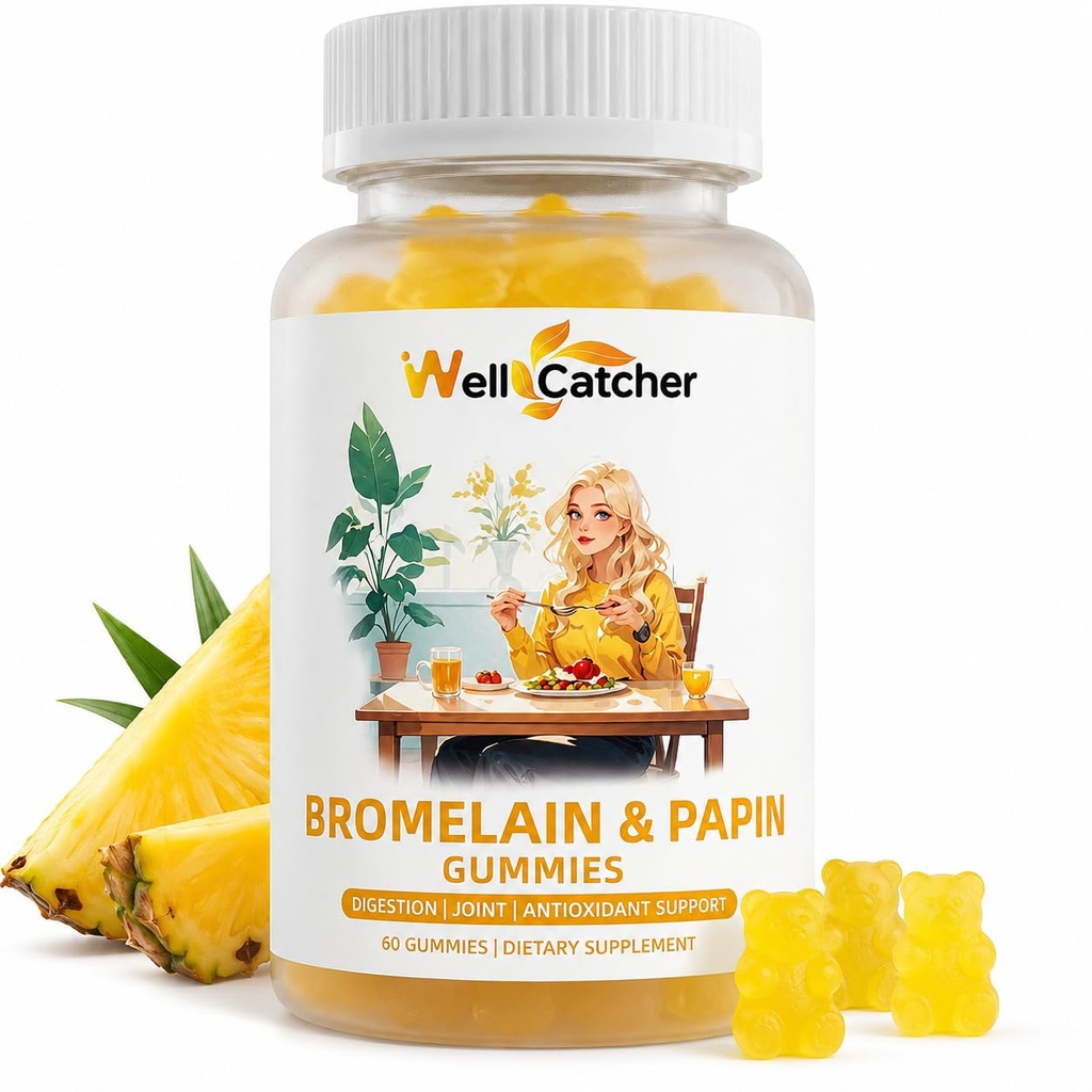 Bromelain Papain Enzyme Gummies: Bromelain 500MG dengan Querectin Gummies for Dewata Anak, Organic Bromelain Papaya Enzymes Chewable for Digetives Support Immunity Antioksidant Vegan 60CT