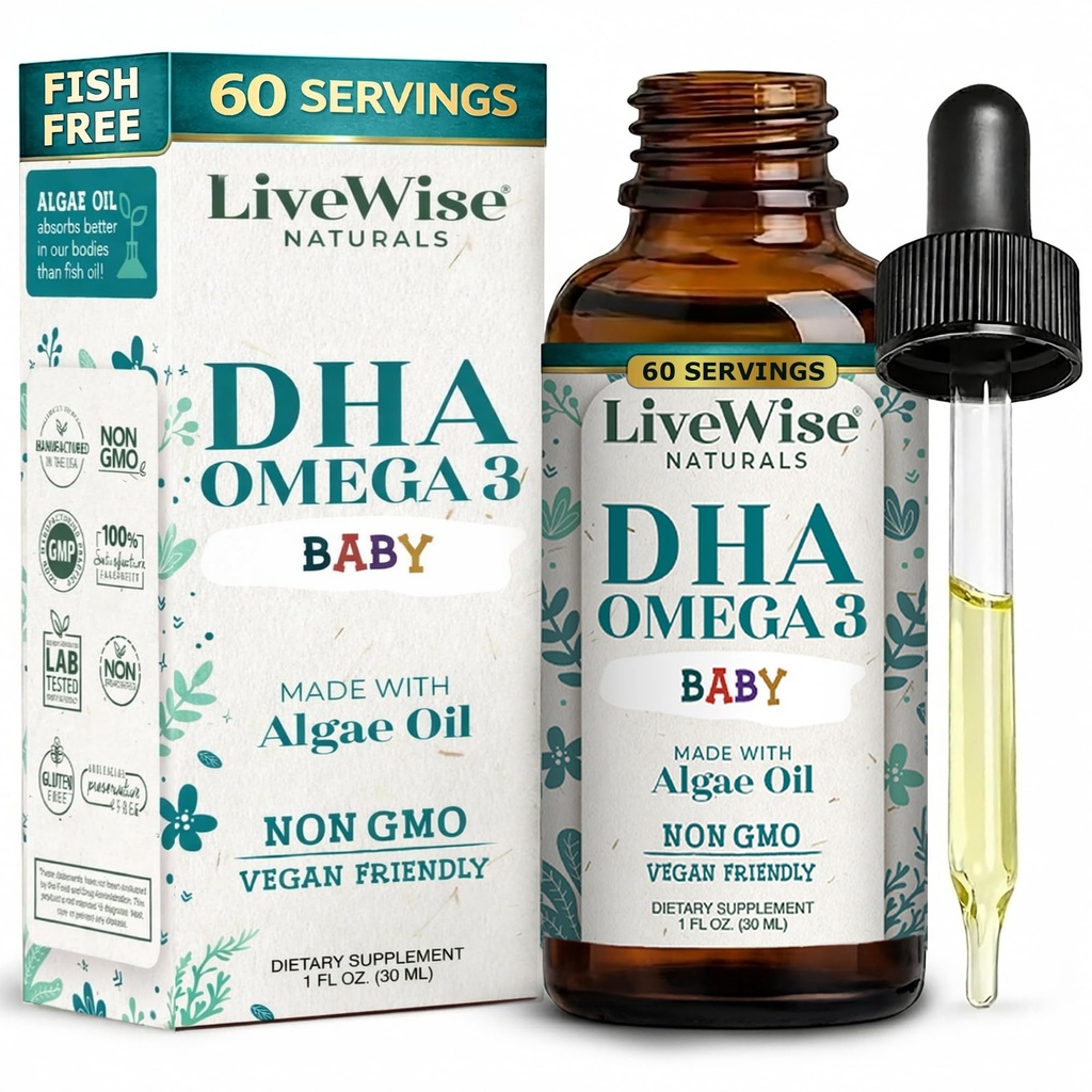 LiveWise Quid Acherials DHA Omegaga- 3 Liquid Drops for Infant and Toddlers, Vegan-Friendly Omegaga- 3 Estives Suplemen, Promotes Healthy Brain, Mata, Body Defense, Baby and Toddler Nutrition