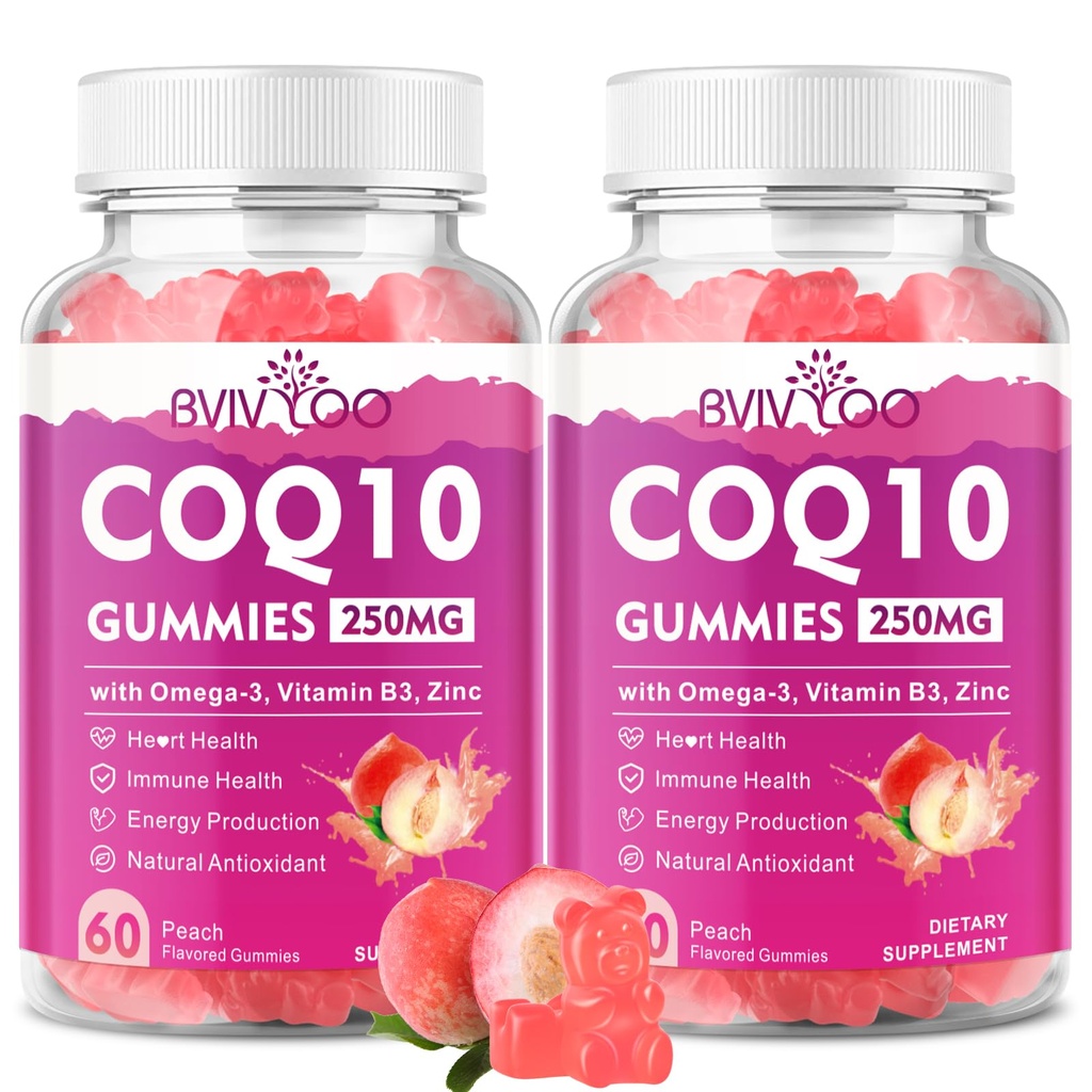 2 Pack CoQ10 Gummies 250mg, plus Omega-3, Vitamin B3 & Zinc, Magnesium - High Absorpsi Koenzim Q10 Suplemen Kesehatan Jantung, Energi Sel, Dukungan & Antioksidant, 120 Count
