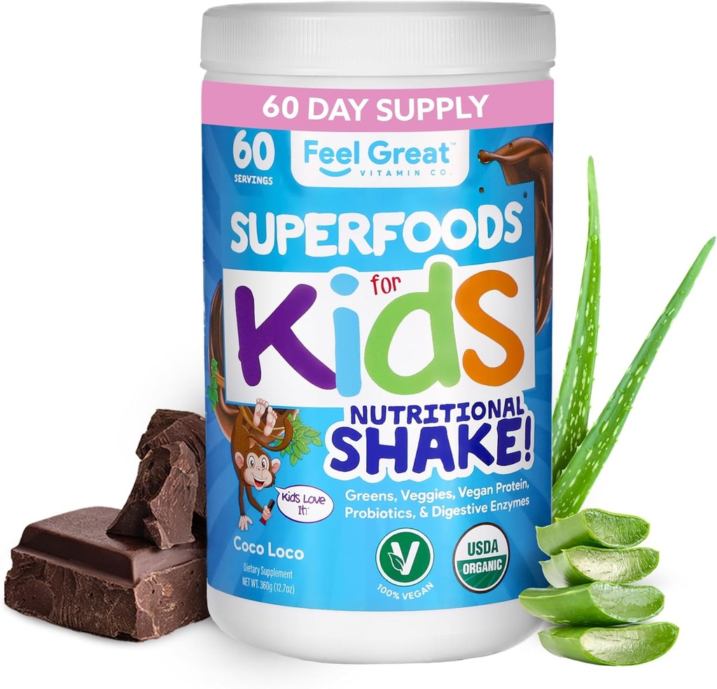Anak-anak Super Greens Powder Organik dengan Buah & Vegies - All-InOne Kids Multivitamin terbuat dari Real Plants - Tidak ada Synthetic Vitamin, Tidak ada Pembakar atau Binder, Tidak Ada Gula Ditambahkan.