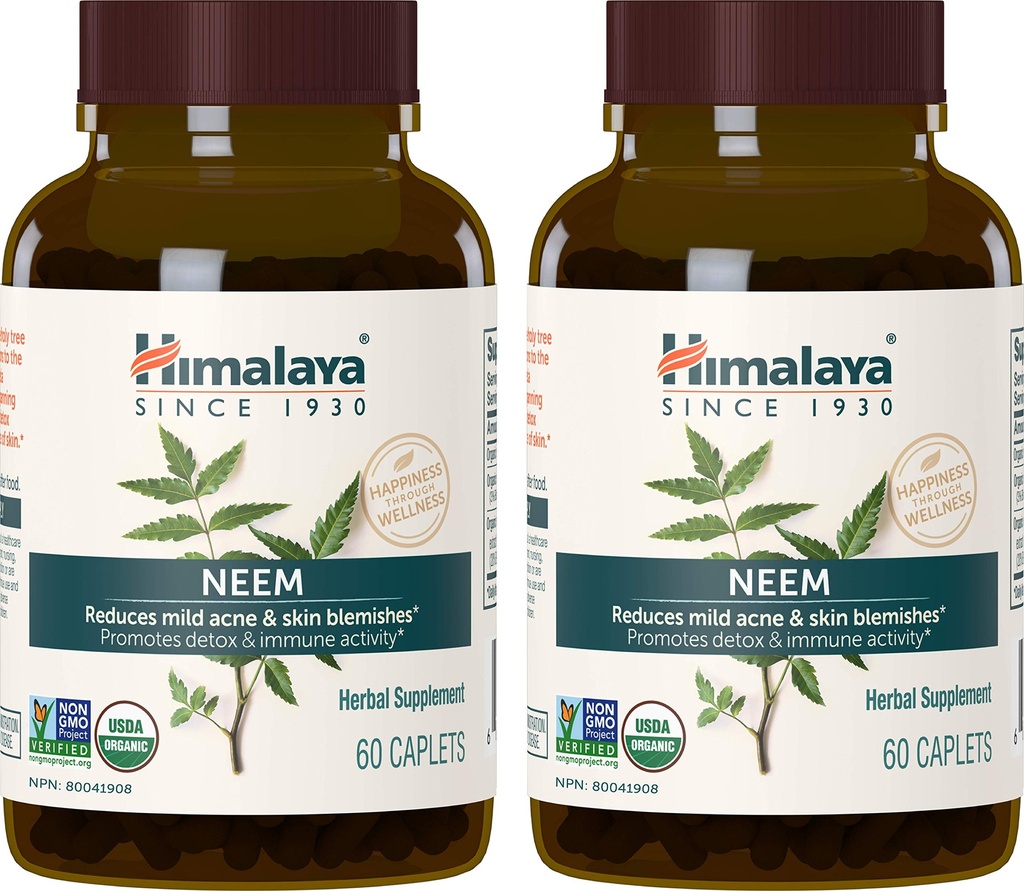 Bellaya Organic Neem Herbal Suplemen, untuk Mild Acne & Clear Skin, Purifying, Ayurvedic, USDA Certified Organik, Non-GMO, Vegan, 600 mg, 60 Tanaman Based Caplets, 2 Pack