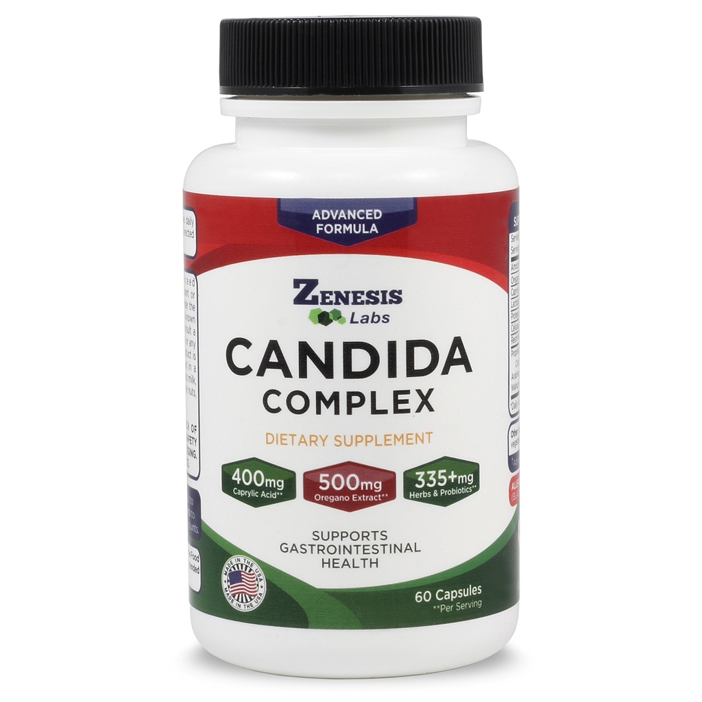 Zenesis Labs Candida Complex Cleanse Detox Acid Caprylic Supplement, Oregano Extract, Progories, Enzymes (60 Capsules, 30 Hari Supply)