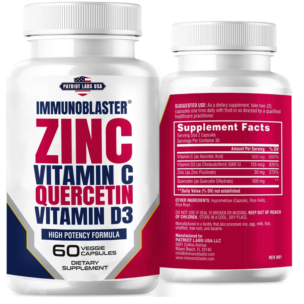 Zinc Quercetin 500mg dengan Vitamin D dan C Antioksidant Dukung Potency Quercetin Tambahan untuk Pria dan Wanita - Gluten, Soy, & Dairy Free - 60 Cacah (Paket 1)