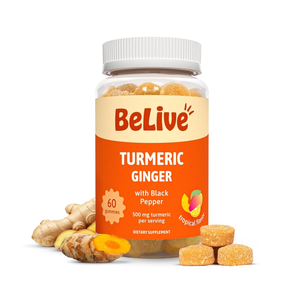 BeLive Turmeric Curcumin dengan Black Pepper & Ginger - 500 mg of Turmeric dan Ginger Supplement for Imune Dupport, Heally Skin, and Mobility - Tropical Flavor 124; 60 Count