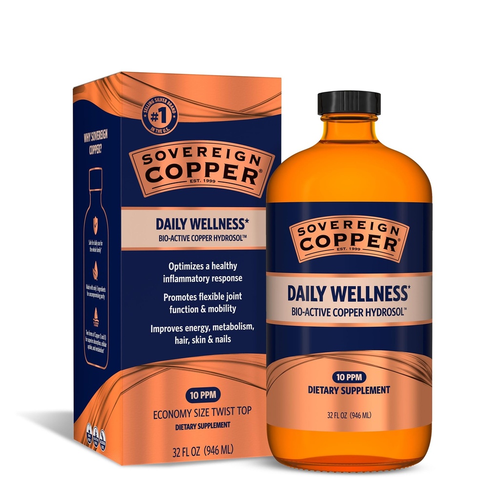Sovereign Bio- Active Copper Hydrosol - Bioavailable Copper Liquid Suplement Suplemen dan Anak-anak dengan Silver Hydrosol untuk Rambut, Kulit, dan Nails - 32 fl oz (946mL)
