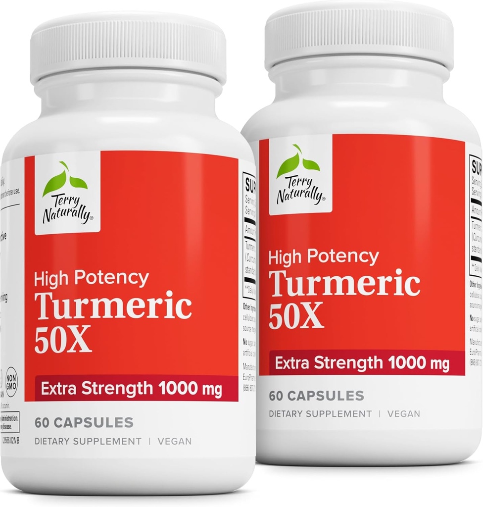 Terry Alami Turmeric 50X - Tambahan Diet untuk Dukungan Kesehatan Otak & Hati - Ekstra Kekuatan Turmeric untuk Membantu Kesehatan Imune - Suplemen Non- GMO - 60 Kasules, 2 Pack