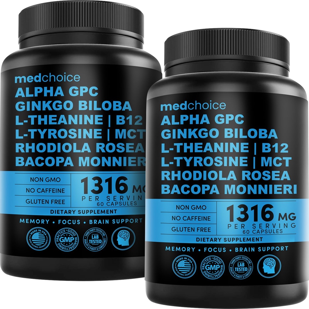 12-in-1 Nootropic Brain Supplement Anhydrous: Ginkgo Biloba for Brain Dups, Memory and Focus - B12, Alpha GPC, L Teanine dan Choline Supplemen Bioperin Non Caffeinated 1321mg (120ct)
